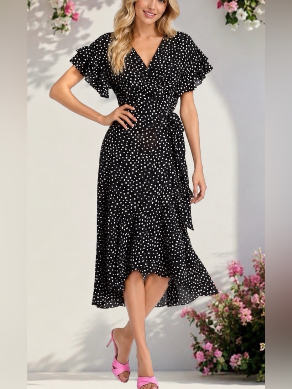 Max Studio Polka Dot Wrap Dress high low